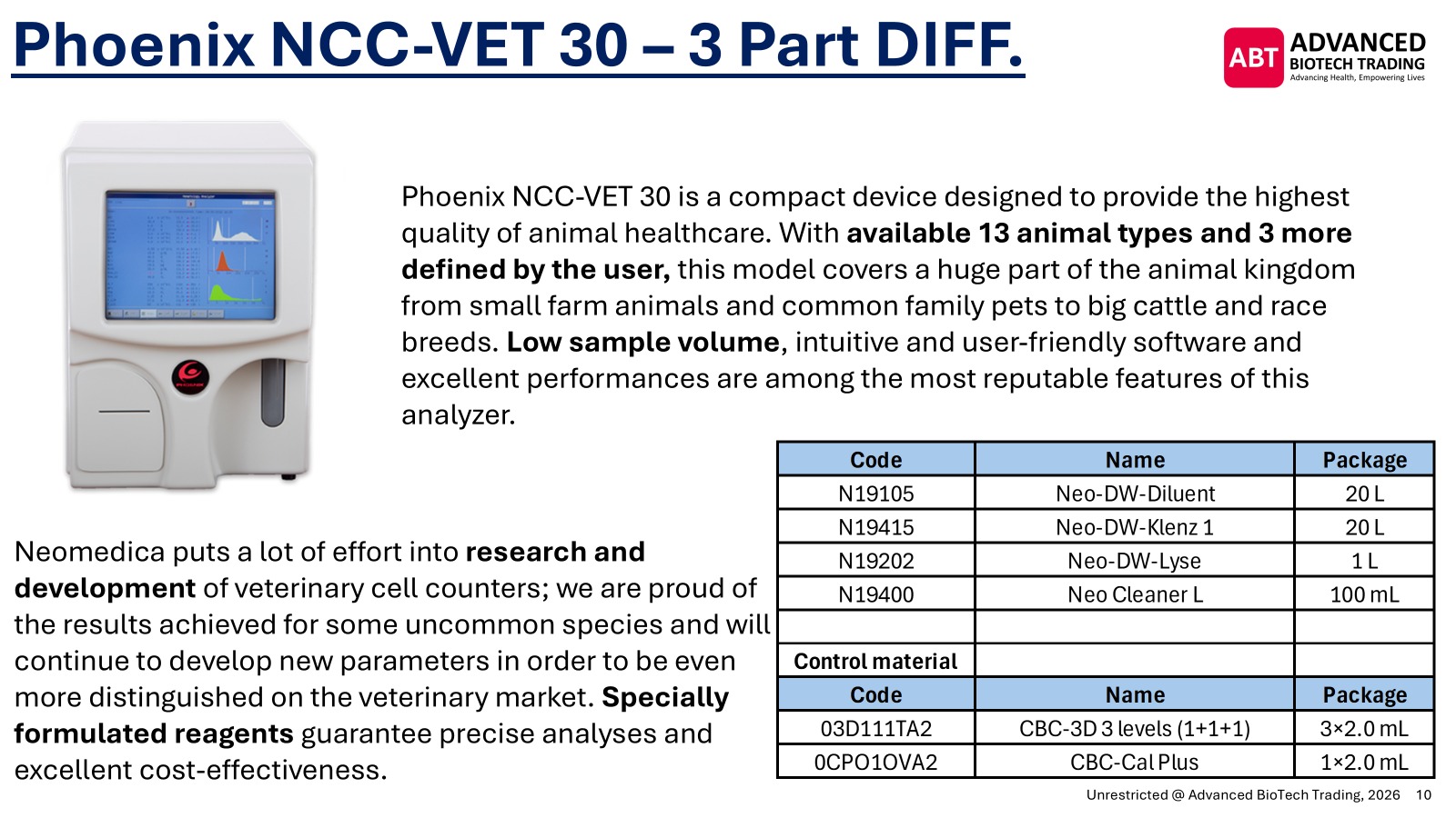 Phoenix NCC-VET 30 veterinary hematology analyzer slide