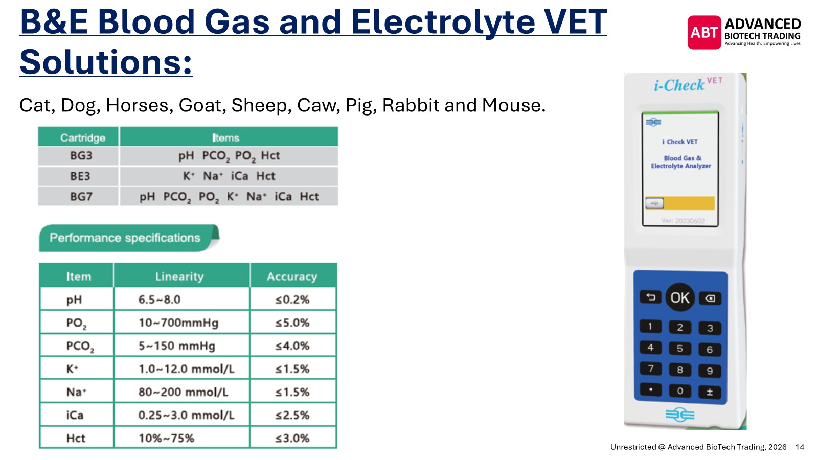 B&E veterinary blood gas and electrolyte solution slide