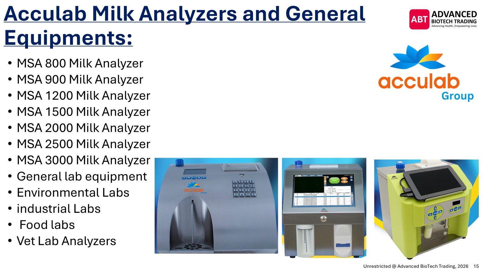 Acculab milk analyzer and general equipment slide